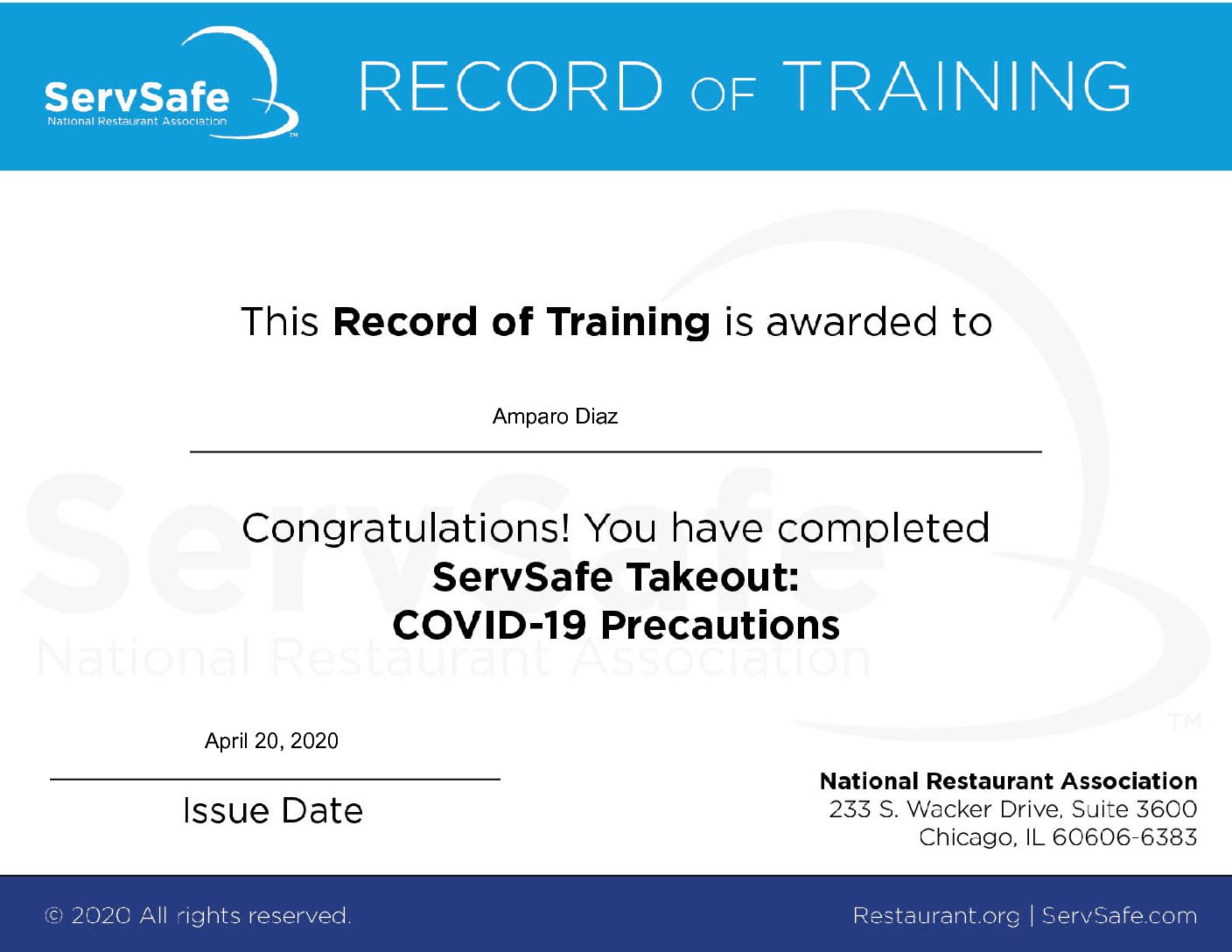 ServeSave Take Out Certification for COVID-19